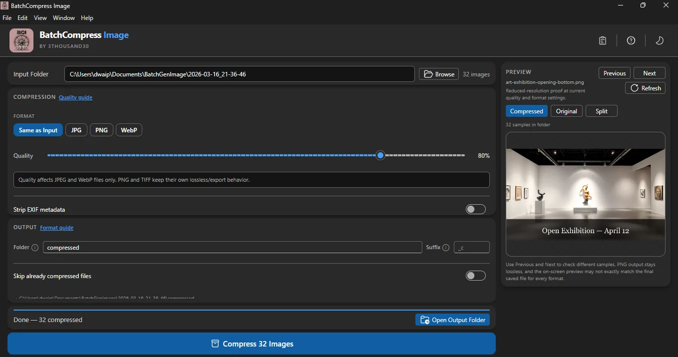 Batch progress — compress full folders with clear status updates