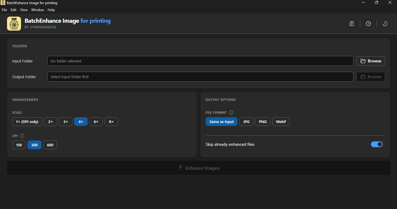 Main interface showing folder selection, scale options from 1x to 8x, DPI settings, and output format