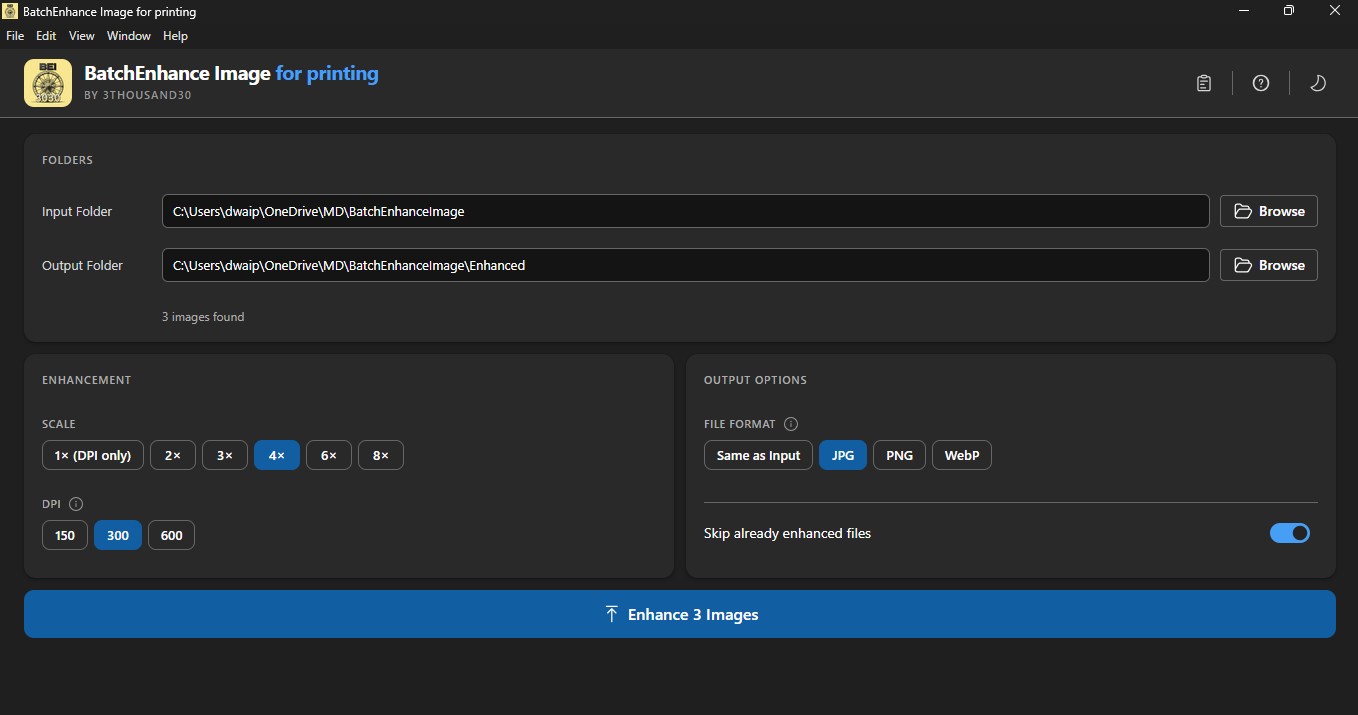 Interface with folder selected showing 3 images found and ready to enhance