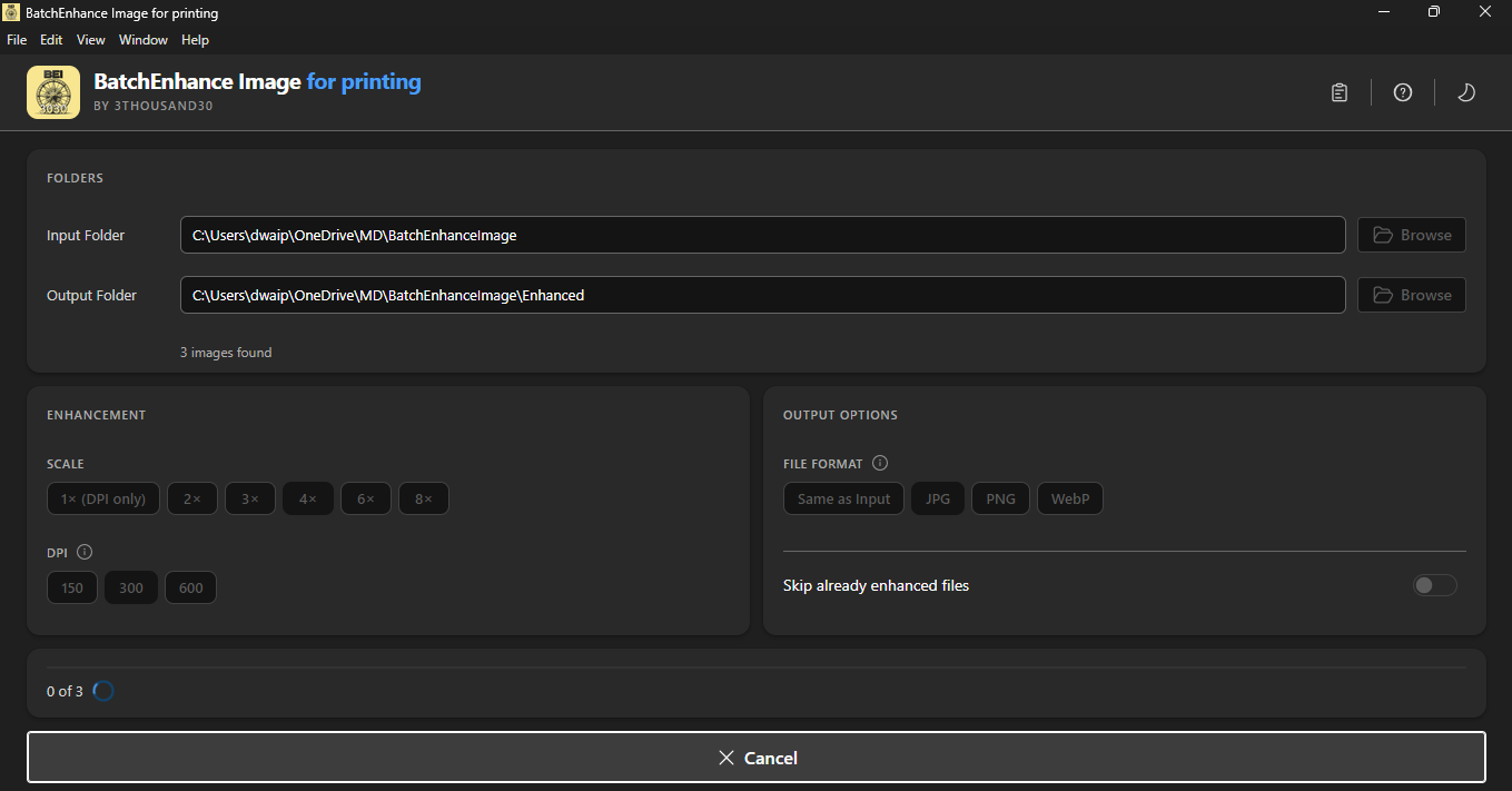 Enhancement in progress showing batch processing with cancel option