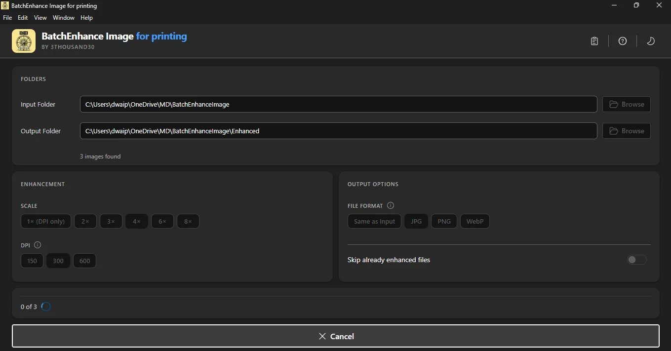 Enhancement in progress showing batch processing with cancel option