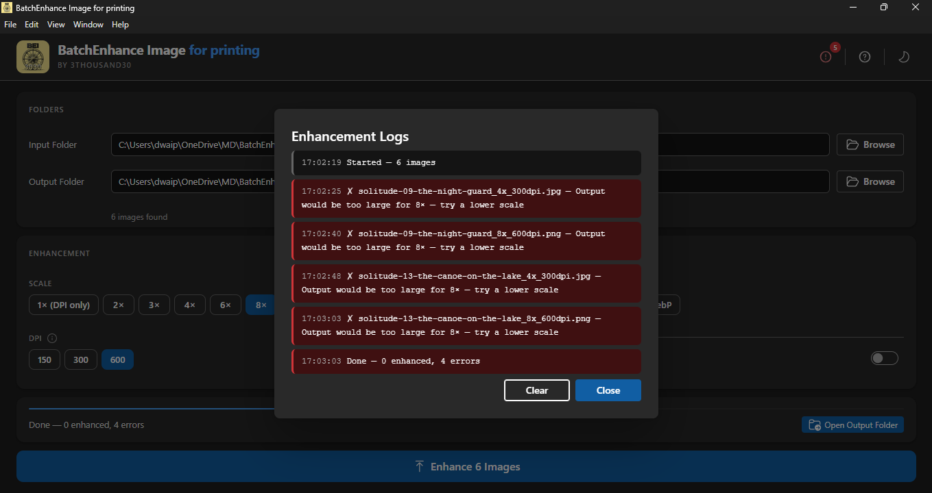 Enhancement logs showing file-level error messages and processing results