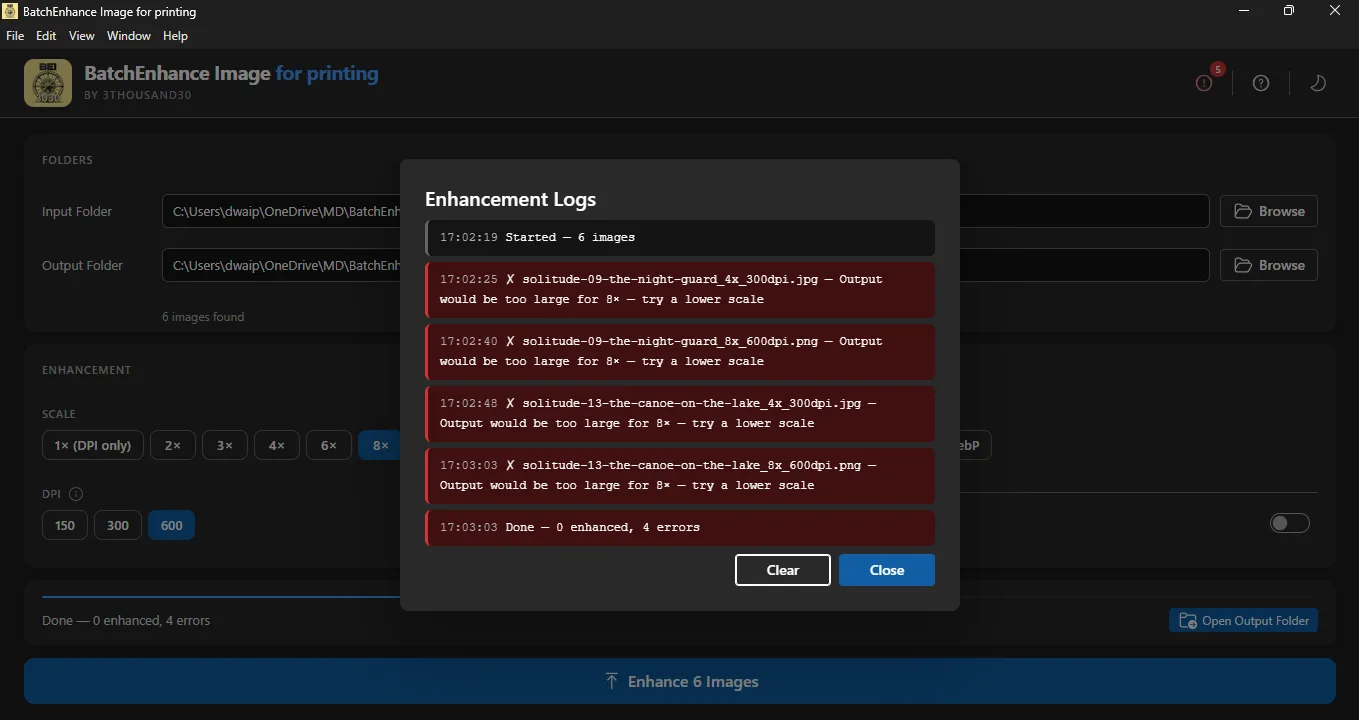 Enhancement logs showing file-level error messages and processing results