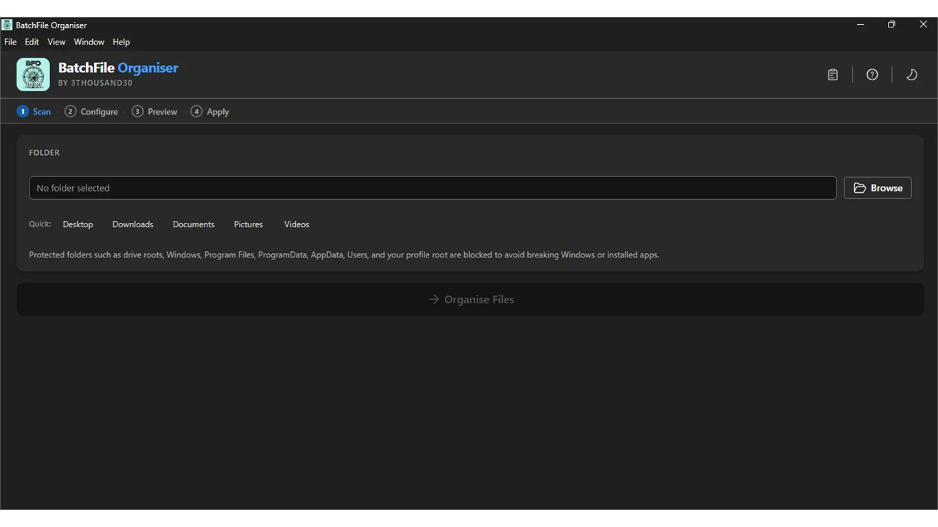 Scan screen with folder selector and quick shortcuts for Desktop, Downloads, Documents, Pictures, Videos