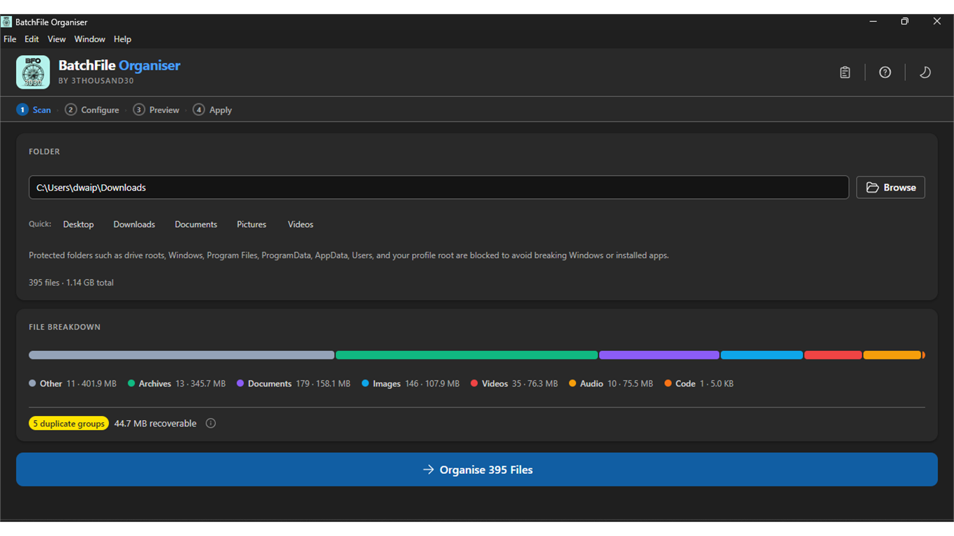 Scan results showing 395 files, 1.14 GB, file type breakdown, and 5 duplicate groups detected