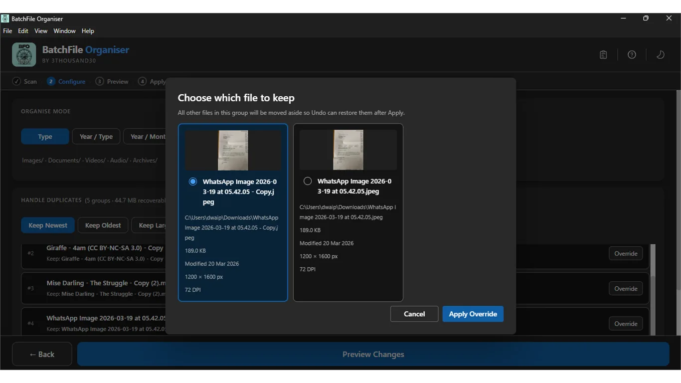 Configure step with manual override dialog to choose which duplicate file to keep