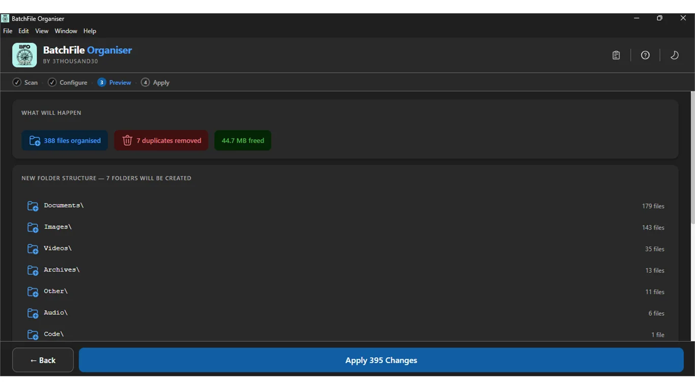 Preview screen showing 388 files to be organised, 7 duplicates removed, 44.7 MB freed, new folder structure