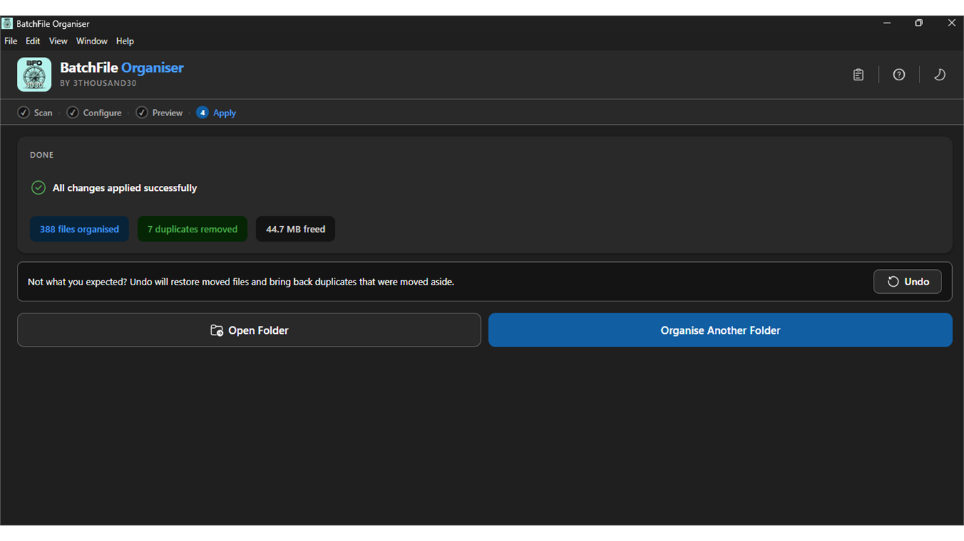 Apply complete screen showing all changes applied successfully with Undo option