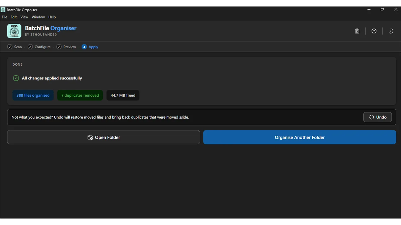 Apply complete screen showing all changes applied successfully with Undo option