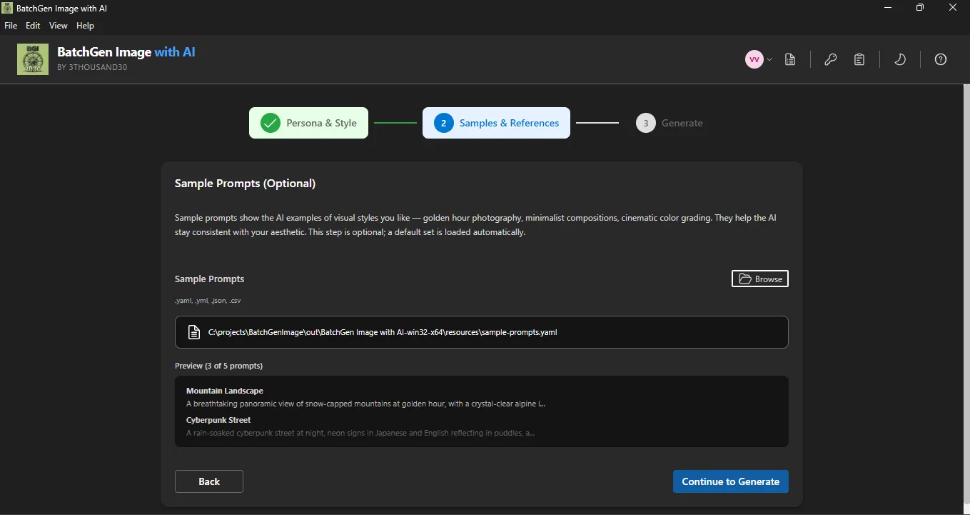 Sample Prompts step showing reference prompts to guide visual output style