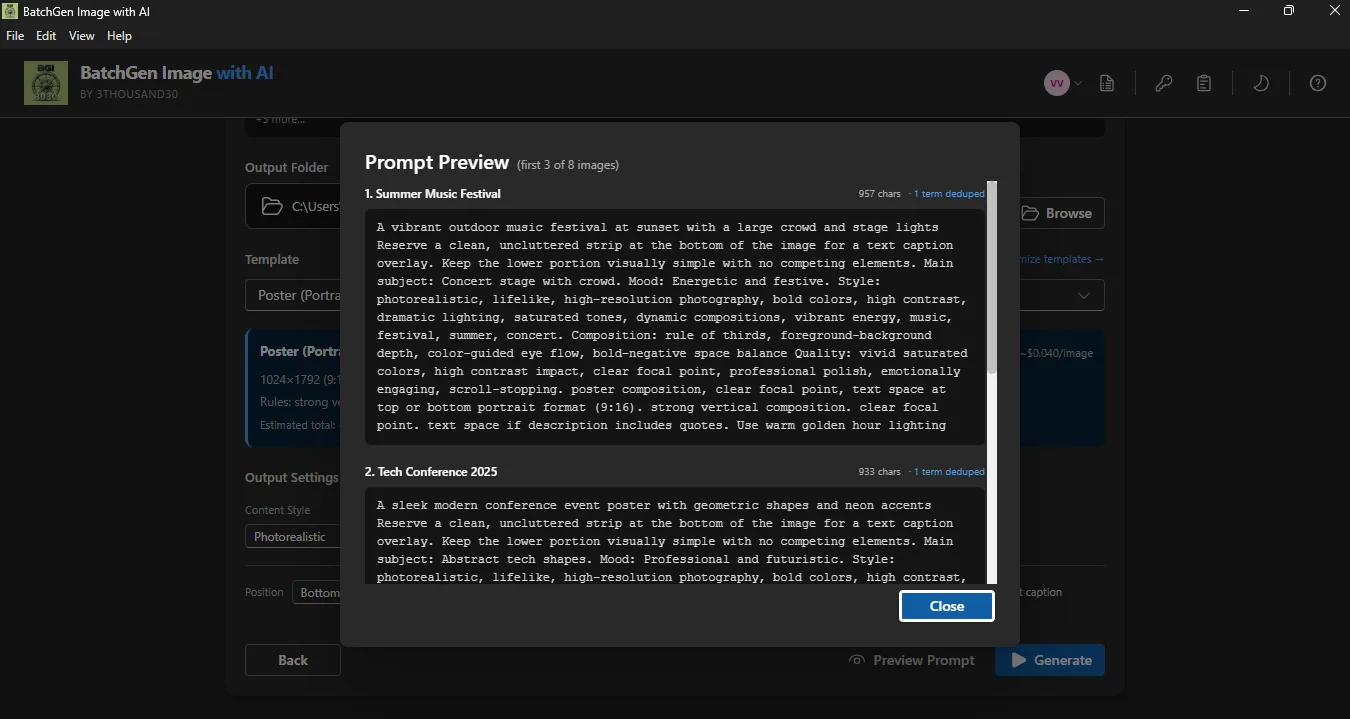 Prompt Preview showing expanded AI prompts for a batch of 8 images