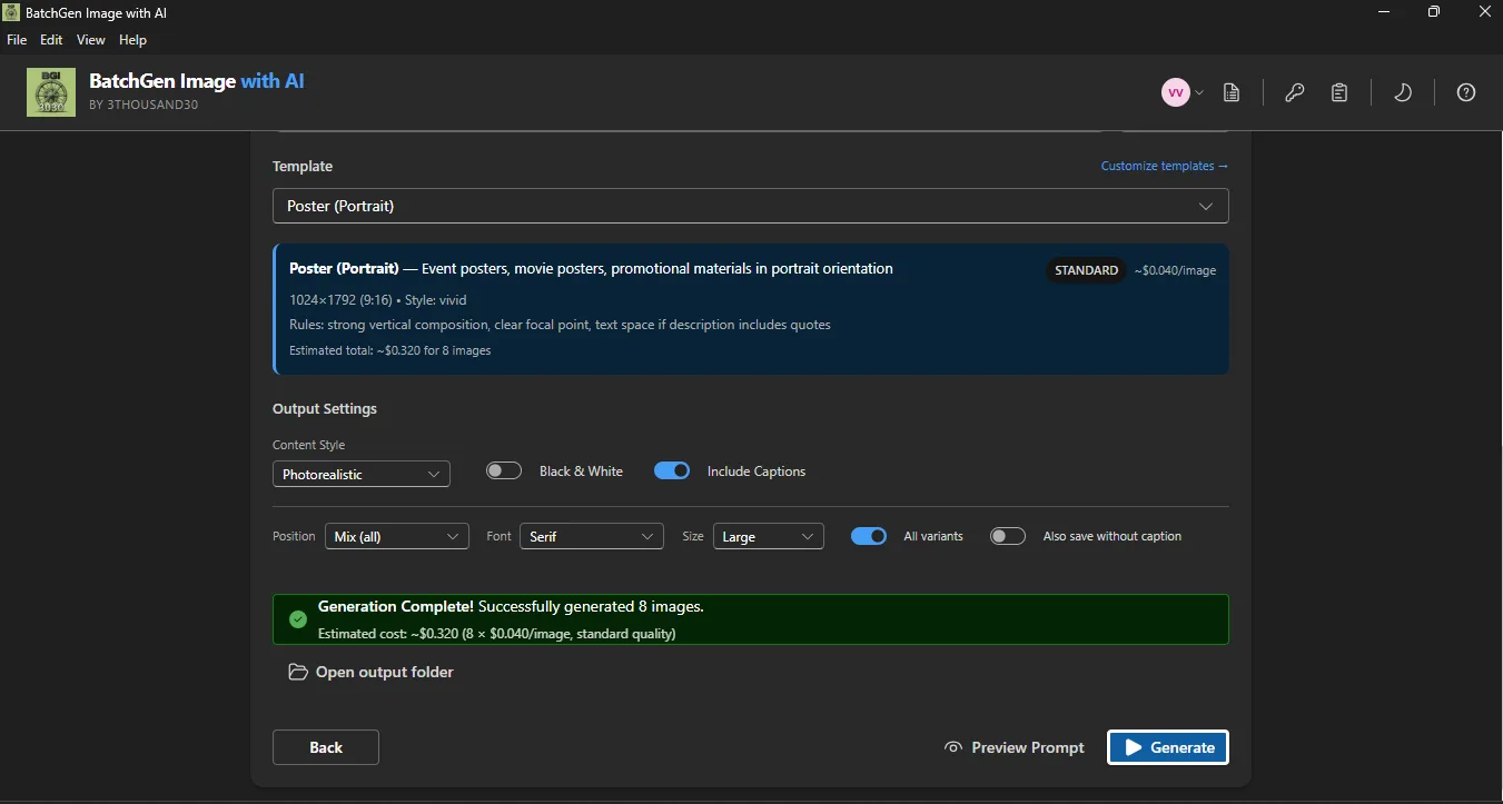 Generate screen showing output settings, captions toggle, and completed batch of 8 images