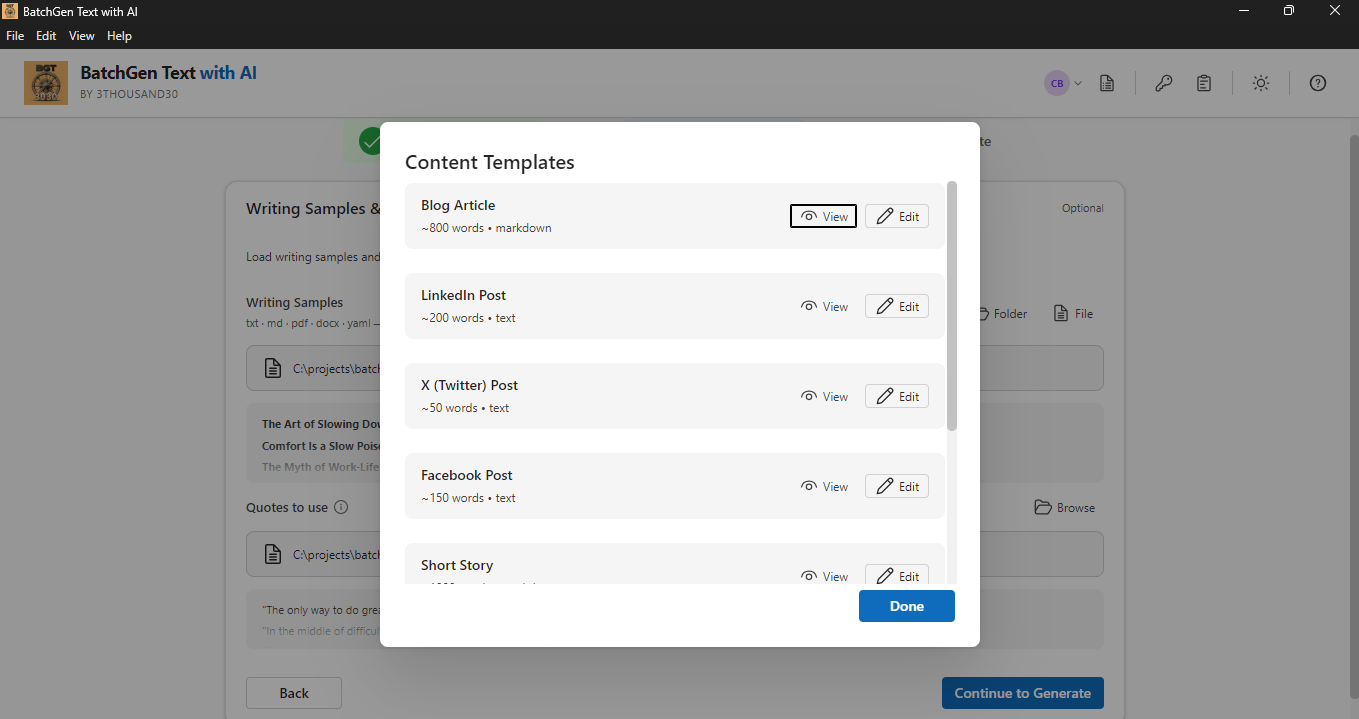Content Templates list showing Blog Article, LinkedIn Post, X Post, Facebook Post, Short Story