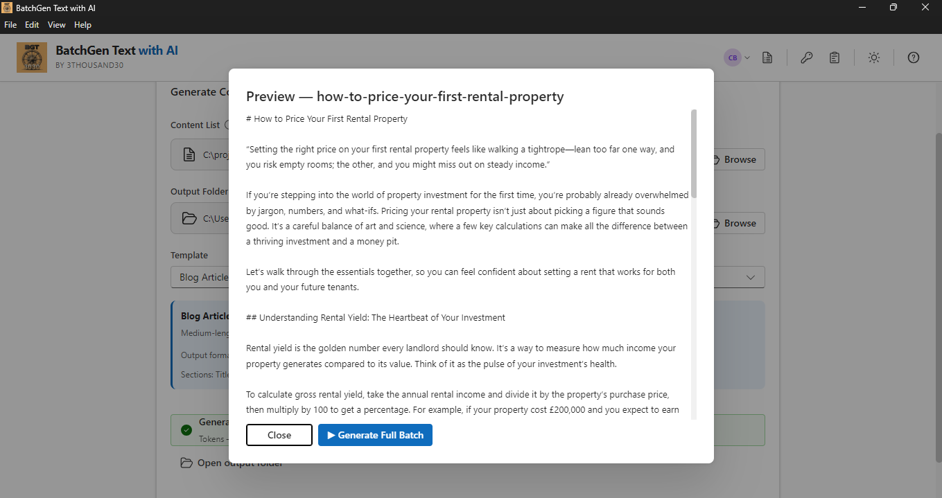 Article preview showing a generated blog post before full batch generation