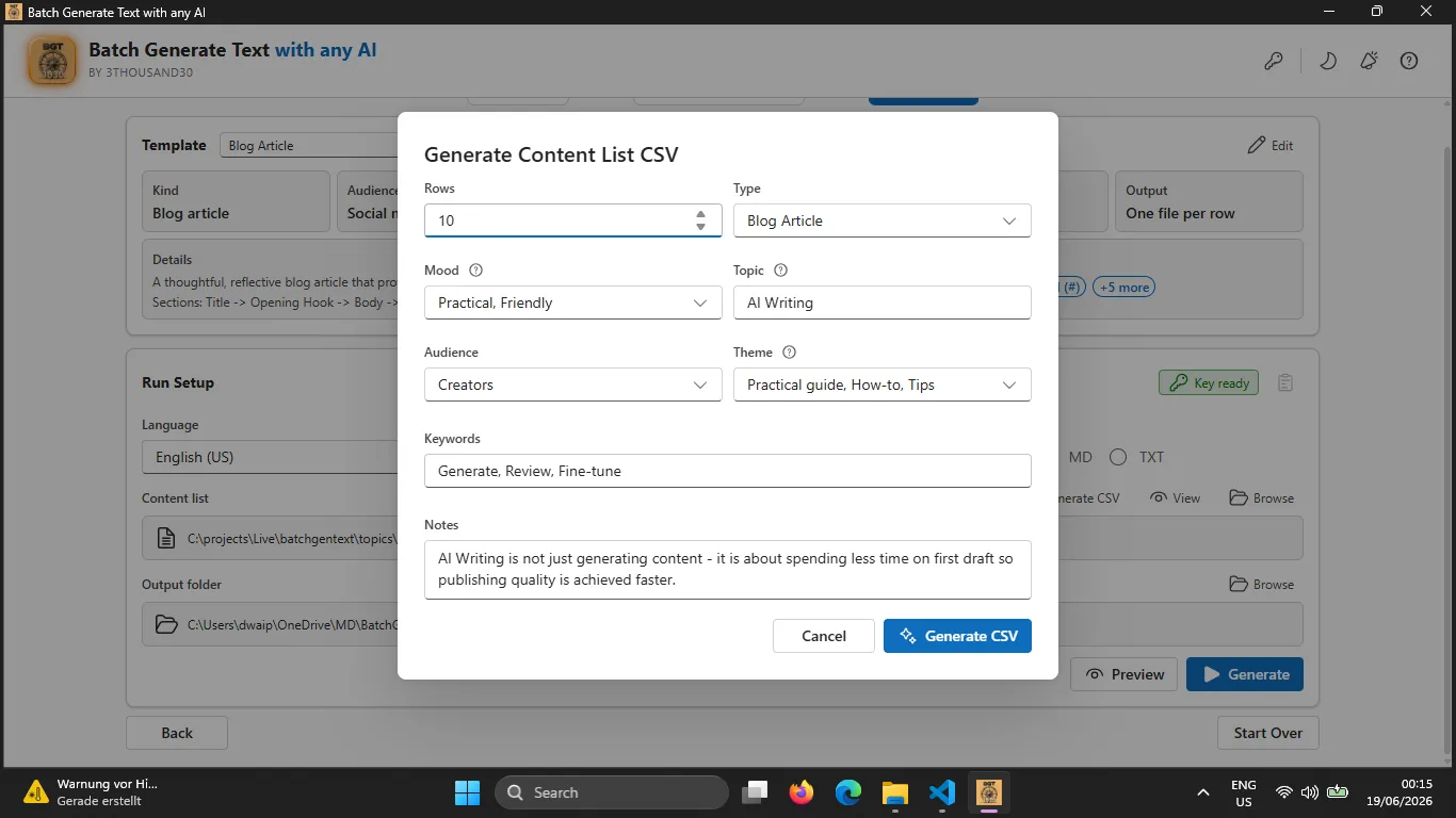 Generate Content List CSV modal for creating topics, moods, audiences, and themes inside the app