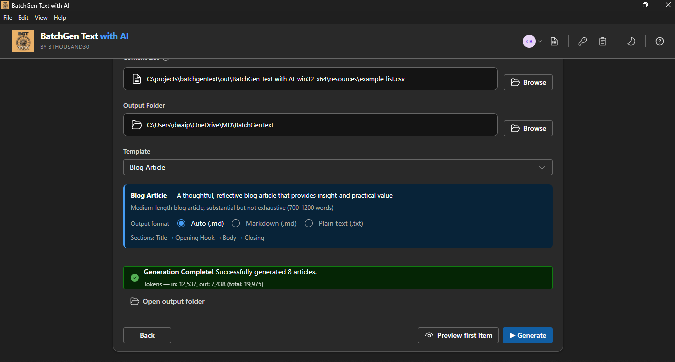 Generate screen showing completed batch of 8 articles with token usage