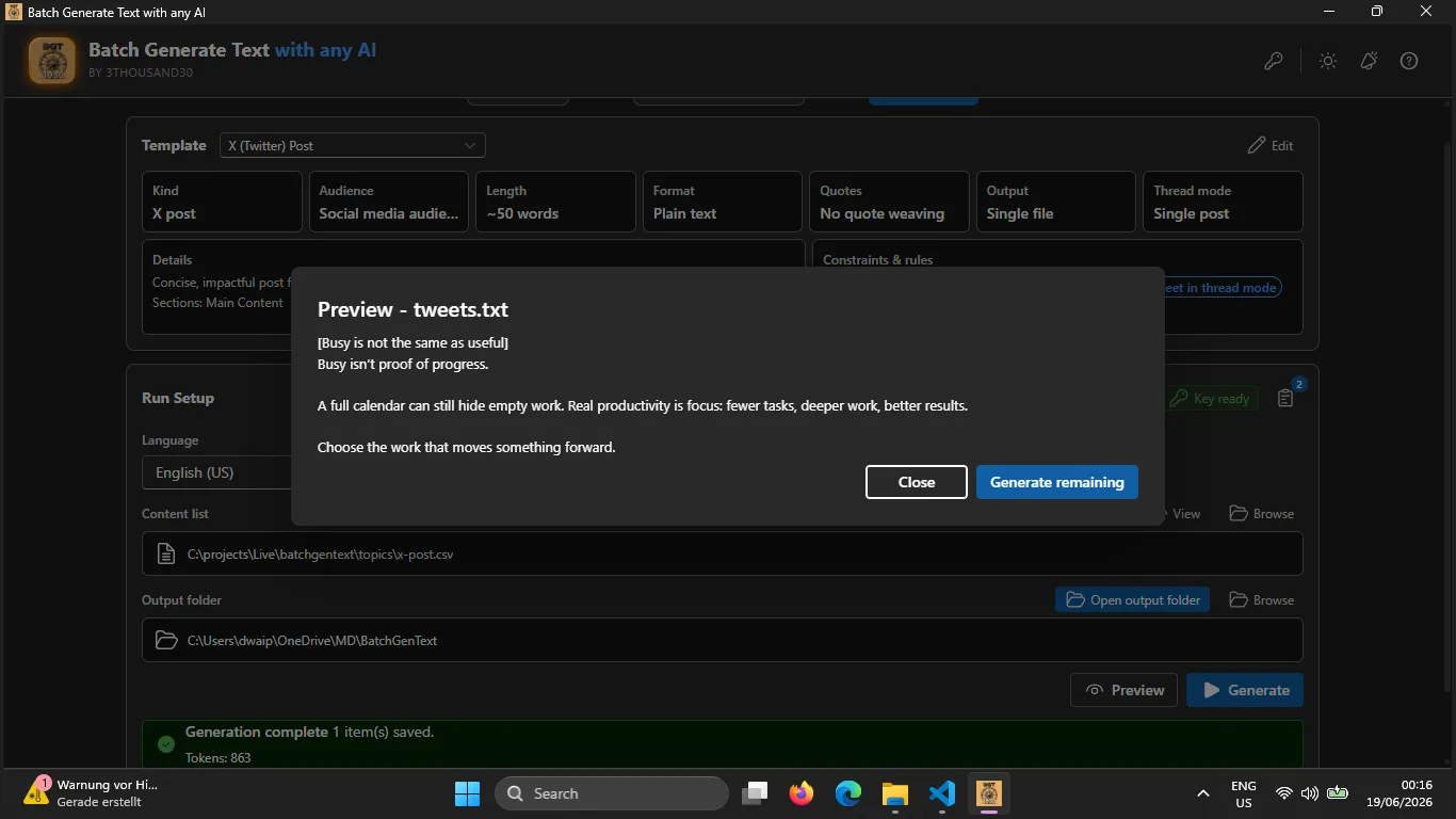 Generate step with template, language, influence balance, content list, output folder, preview, and generate controls
