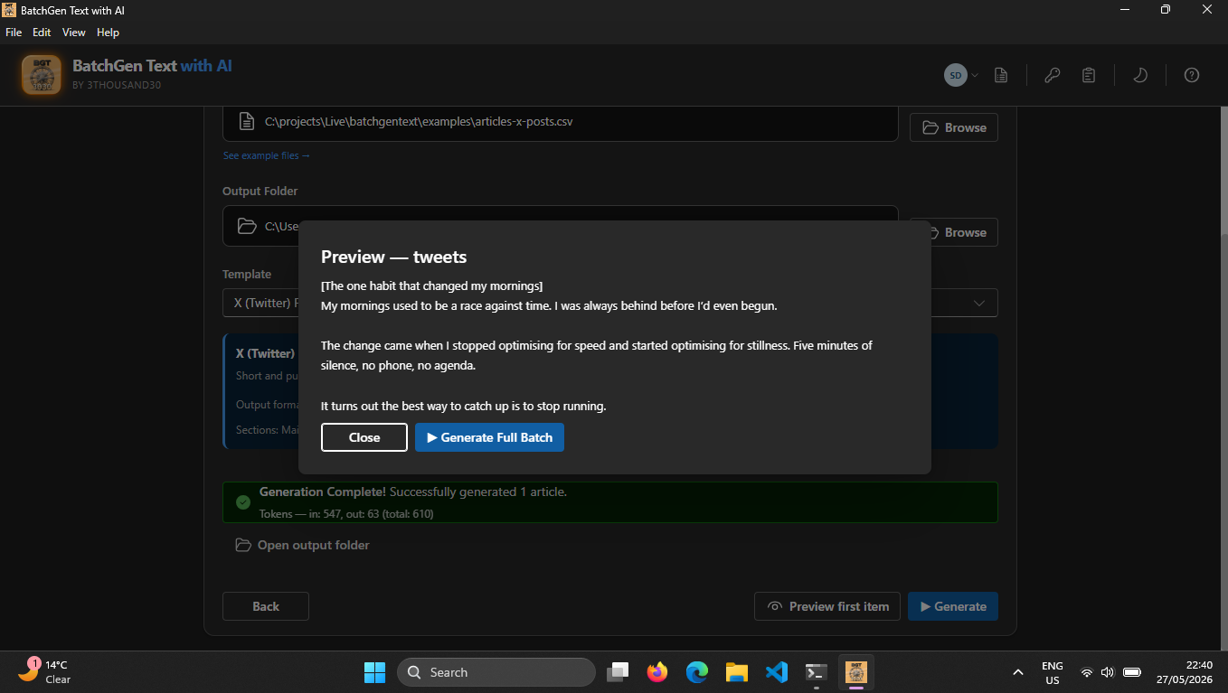 Preview of a generated post before committing to the full batch generation