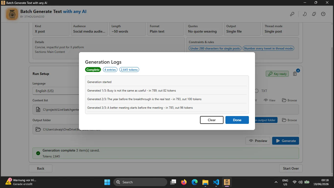 Completed batch output saved locally on the user's system