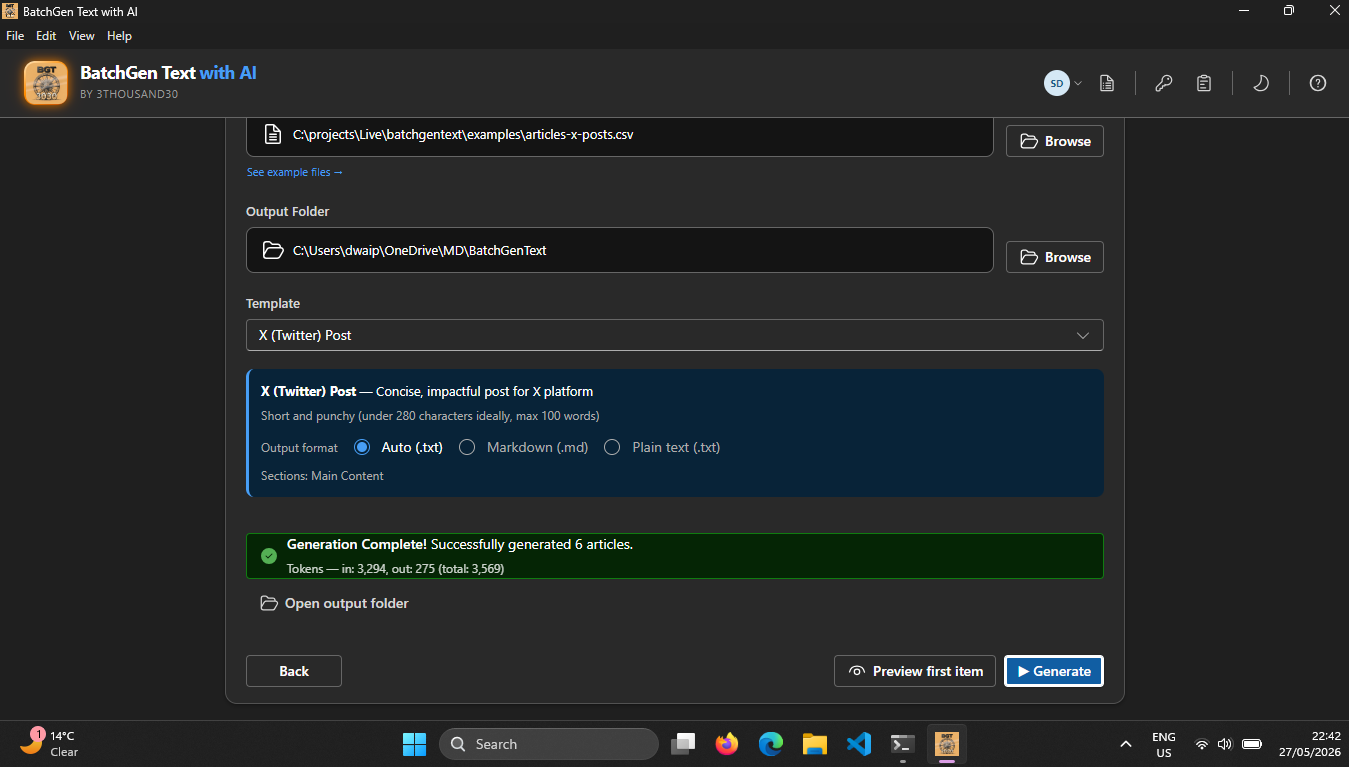 Generate screen showing a completed batch with output folder, template, and token usage