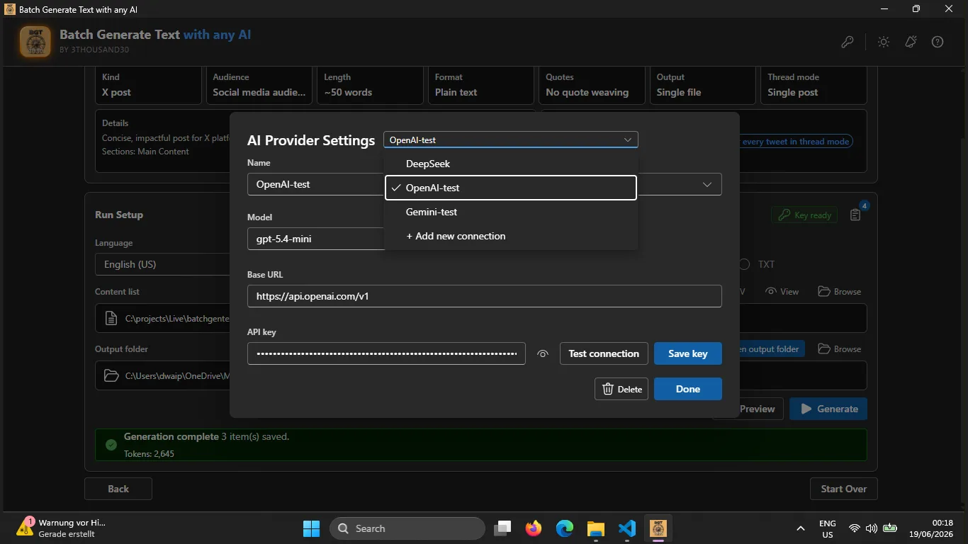 AI provider settings showing multiple saved provider connections for different use cases