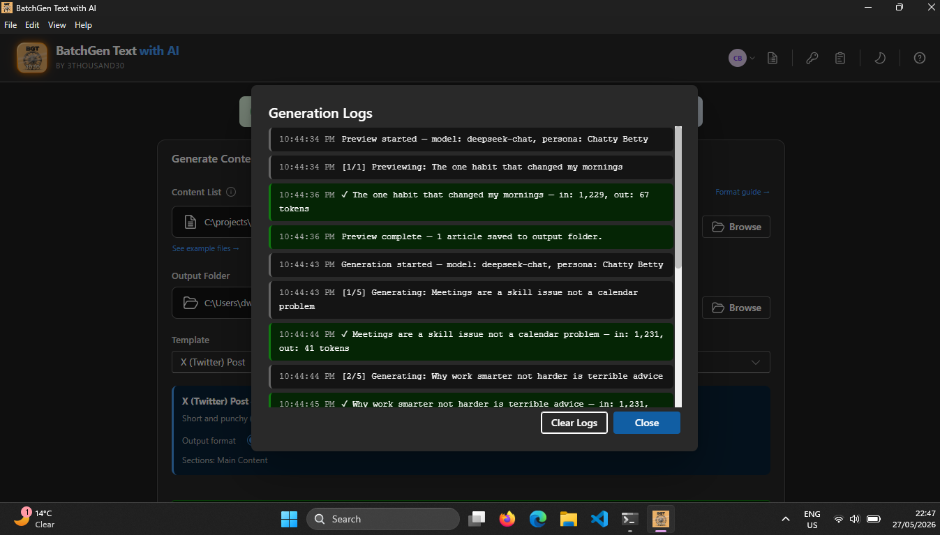 Generation logs showing per-item progress and token counts for each generated piece