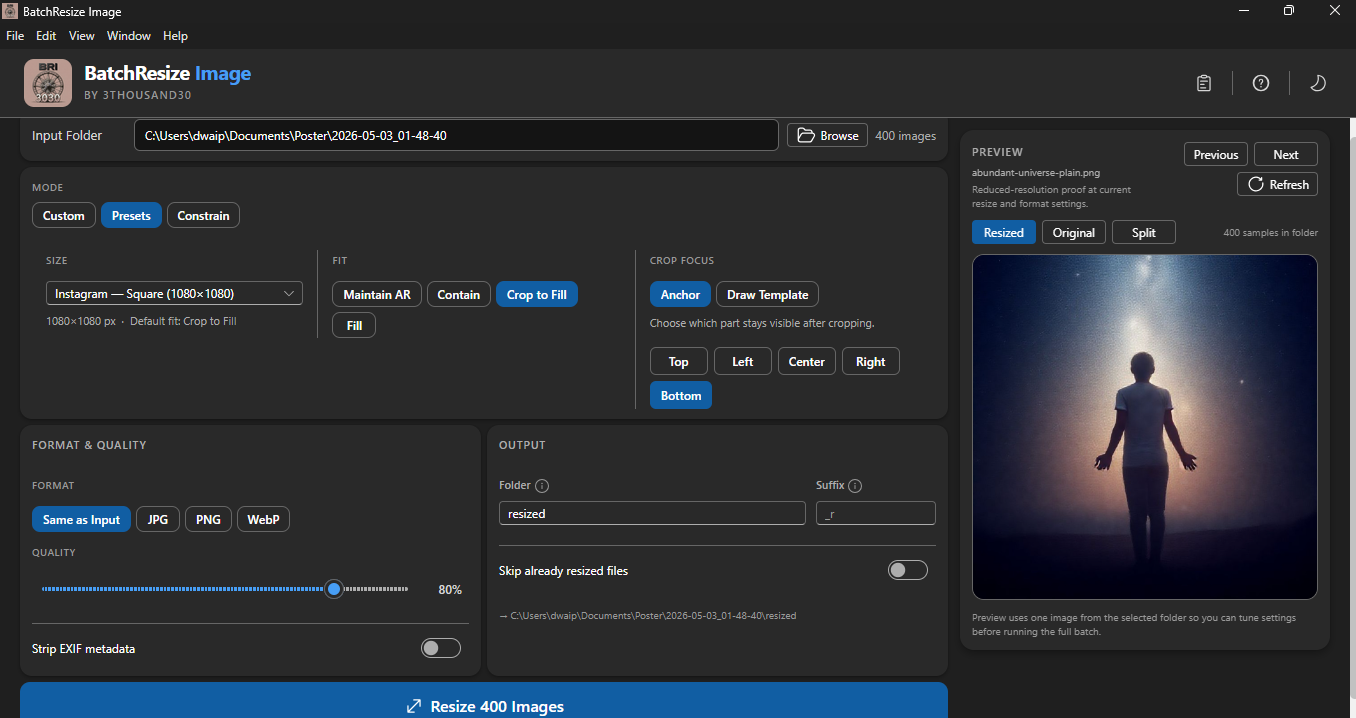 Choose a resize mode — custom, preset, or constrained