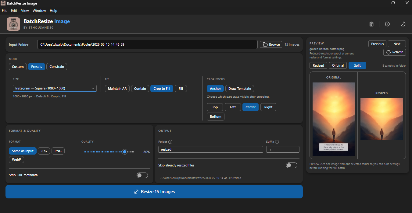 Built-in presets for common social and web dimensions
