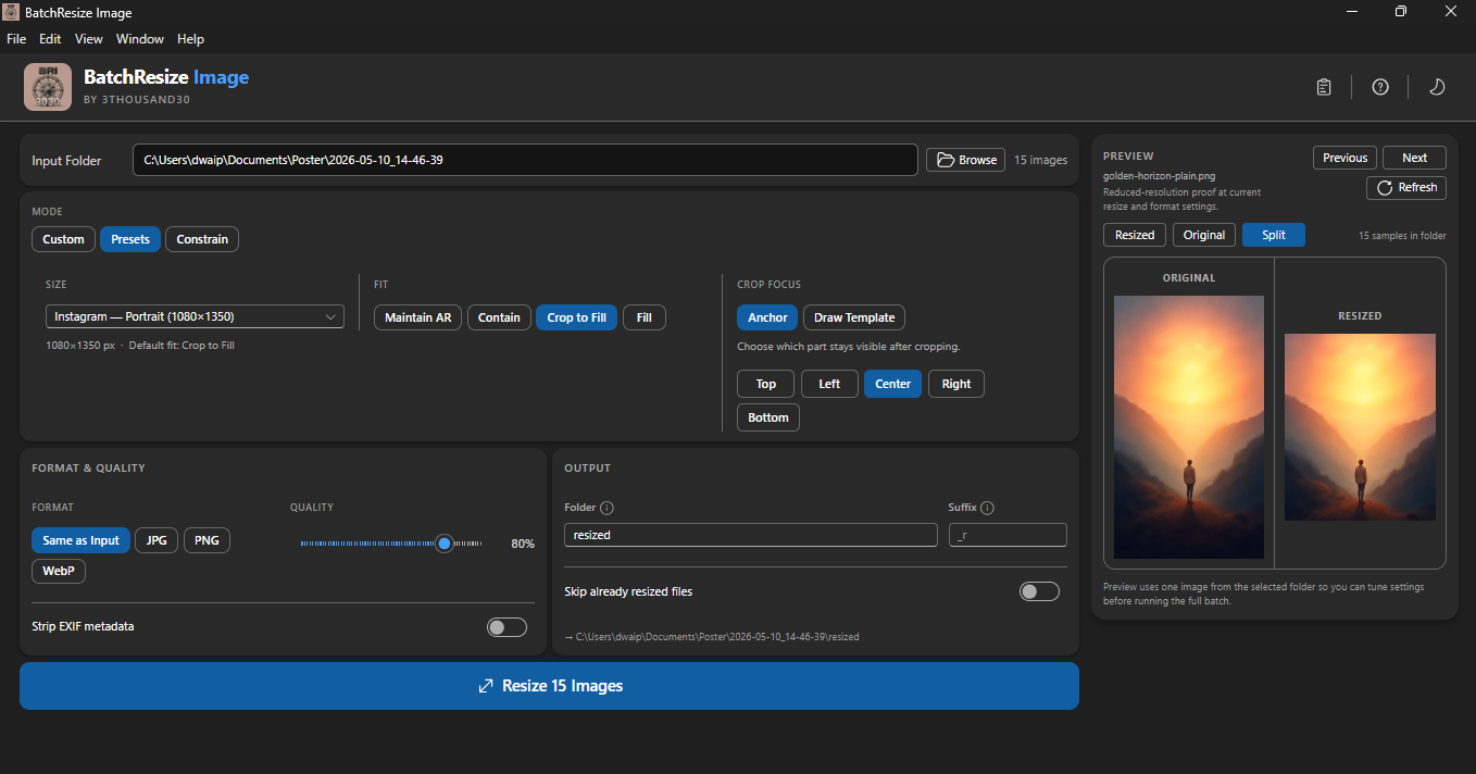 Fit modes for exact dimensions, clean crops, or no distortion