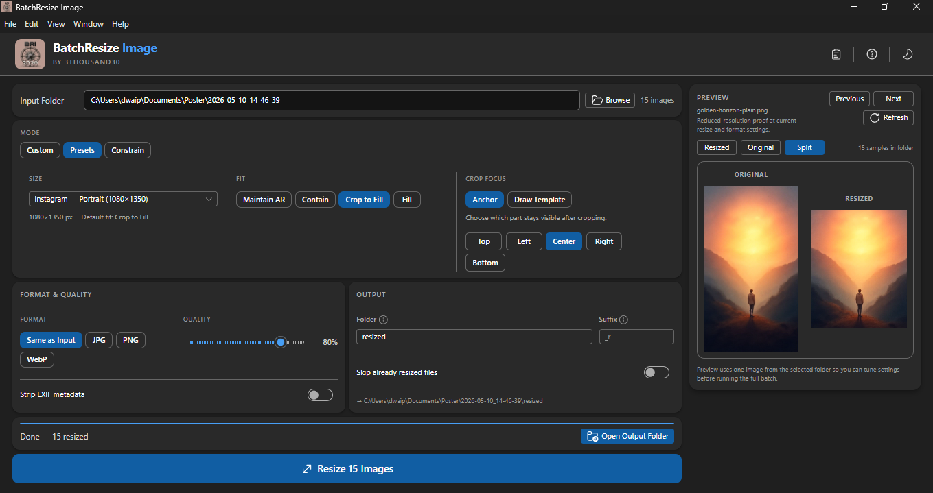 Batch progress — resize full folders with clear status updates