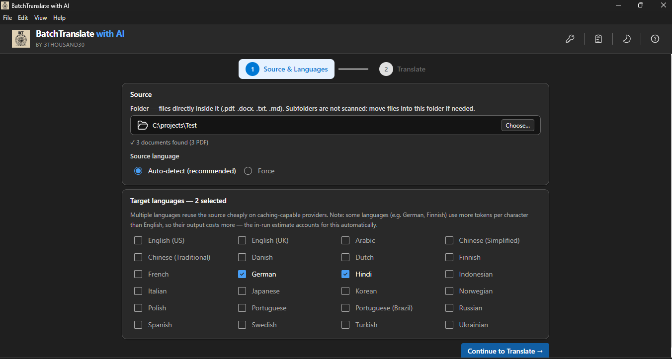Source folder and target-language selection for a batch document translation run