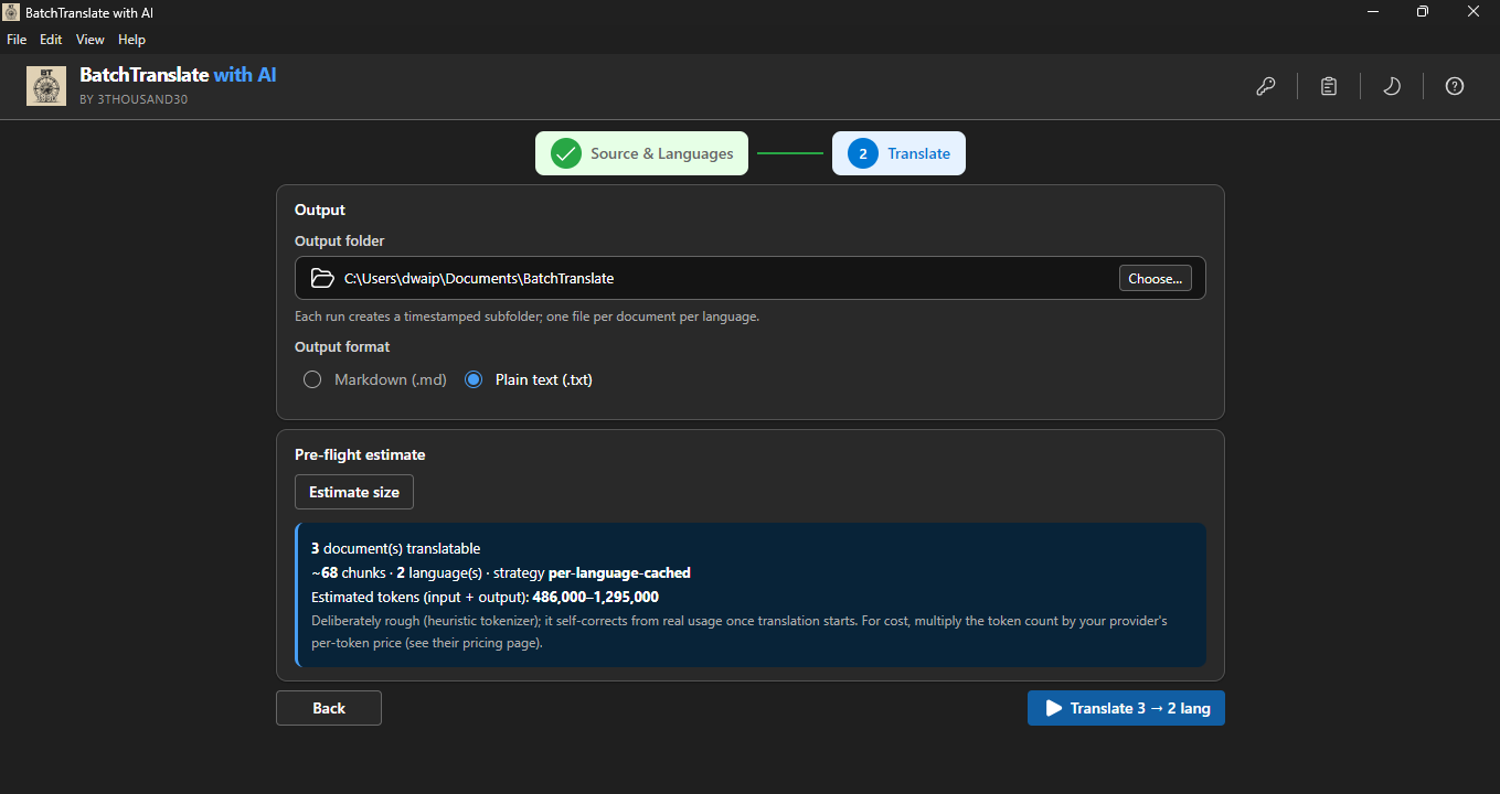 Output settings and pre-flight estimate before starting translation