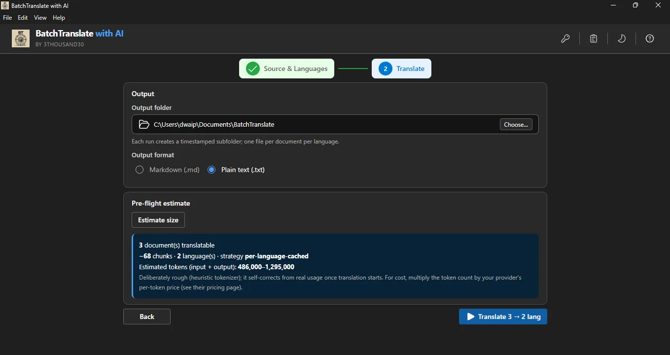 Output settings and pre-flight estimate before starting translation