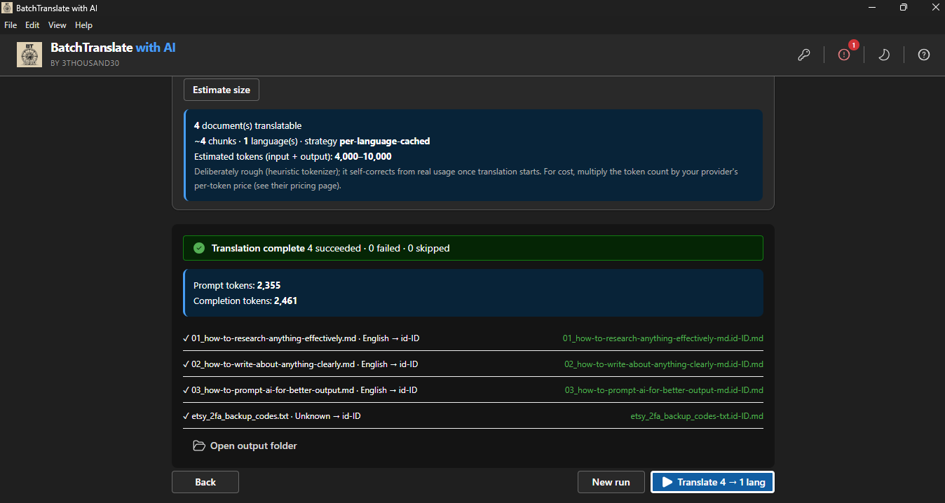 Completed translation results with output files and token totals