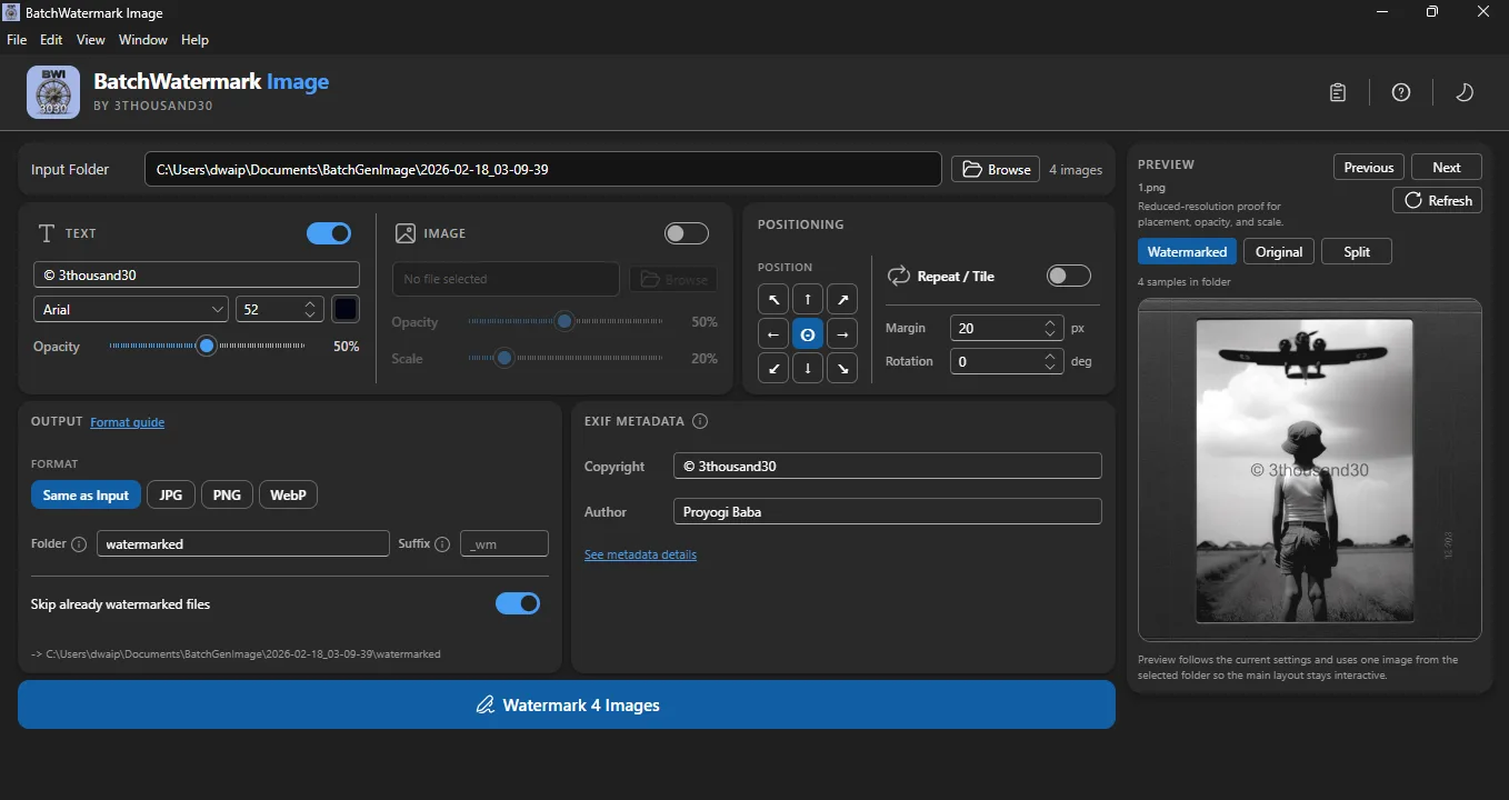 Batch watermark workflow — choose folder, configure watermark, process in one run