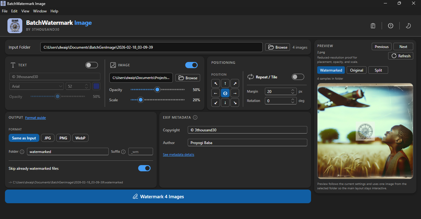 Add image watermarks with placement, scale, and opacity control