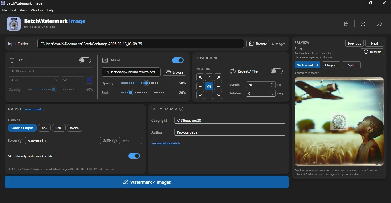 Add image watermarks with placement, scale, and opacity control